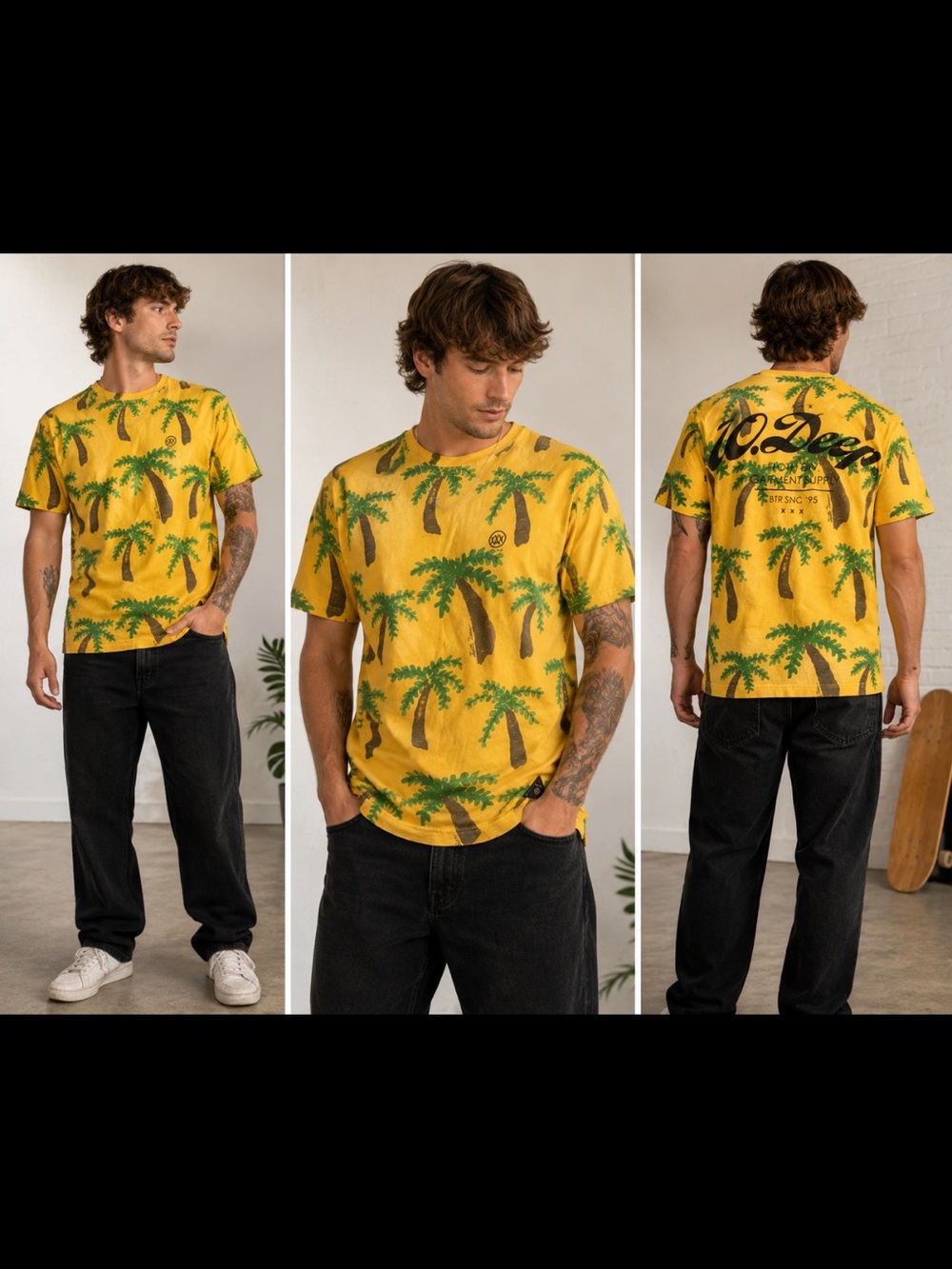 10.Deep Yellow Tee with tropical Palm Tree accents graphic shirt